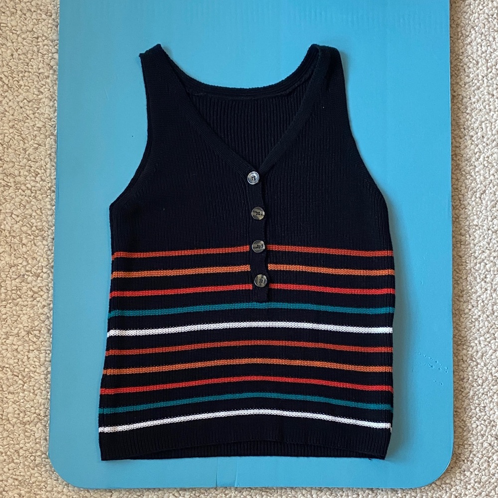 Striped Sleeveless Knit Top with Buttons
